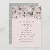  Blush Pink Silver Floral Bewaar de datum Save The Date (Voorkant / Achterkant)