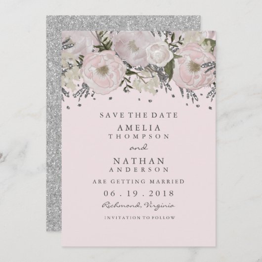  Blush Pink Silver Floral Bewaar de datum Save The Date (Voorkant / Achterkant)