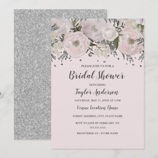  Blush Pink Silver Floral Birdal Shower Kaart (Voorkant / Achterkant)