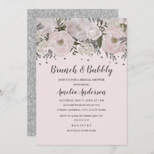  Blush Pink Silver Floral Brunch en Bubbly Kaart (Voorkant / Achterkant)