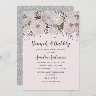 Blush Pink Silver Floral Brunch en Bubbly Kaart