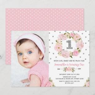 Blush Pink Silver Floral First 1st Birthday Invite Kaart