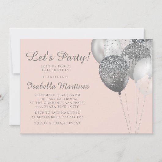 Blush Pink Silver Glitter Balloons Sweet 16 Kaart (Voorkant)