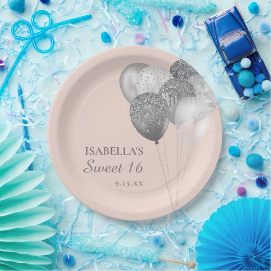 Blush Pink Silver Glitter Balloons Sweet 16 Papieren Bordje (Feest)