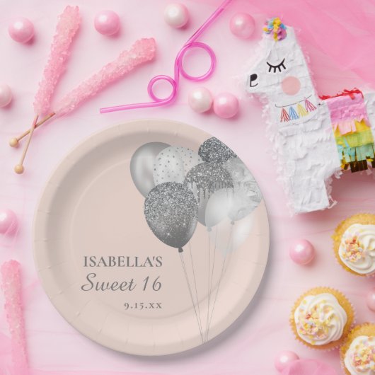 Blush Pink Silver Glitter Balloons Sweet 16 Papieren Bordje (Feest)