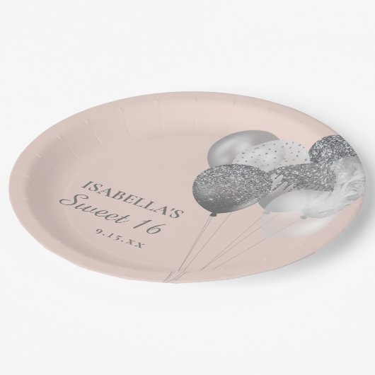 Blush Pink Silver Glitter Balloons Sweet 16 Papieren Bordje (Gekanteld)