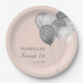 Blush Pink Silver Glitter Balloons Sweet 16 Papieren Bordje