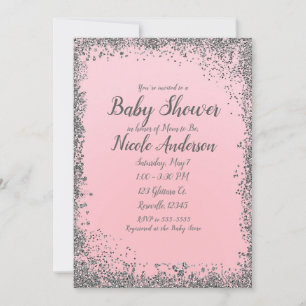 Blush Pink Silver Glitter Glam Modern Baby shower Kaart