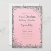 Blush Pink & Silver Glitter Glam Sweet 16 Party Kaart (Voorkant)