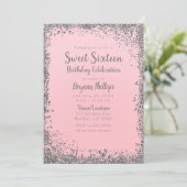 Blush Pink & Silver Glitter Glam Sweet 16 Party Kaart (Staand voorkant)