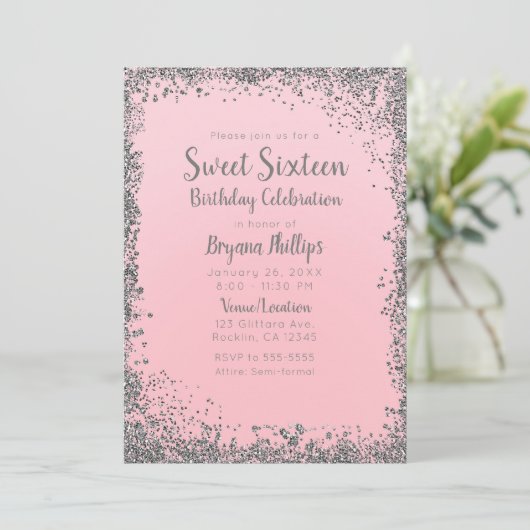 Blush Pink & Silver Glitter Glam Sweet 16 Party Kaart (Staand voorkant)