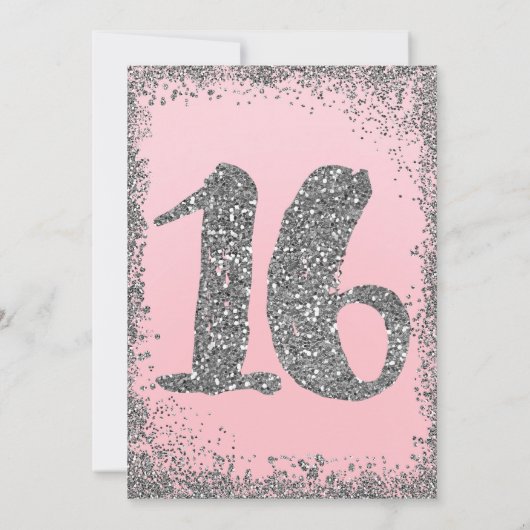 Blush Pink & Silver Glitter Glam Sweet 16 Party Kaart (Achterkant)