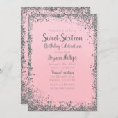 Blush Pink & Silver Glitter Glam Sweet 16 Party Kaart (Voorkant / Achterkant)