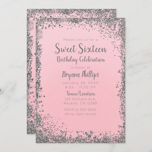 Blush Pink & Silver Glitter Glam Sweet 16 Party Kaart (Voorkant / Achterkant)