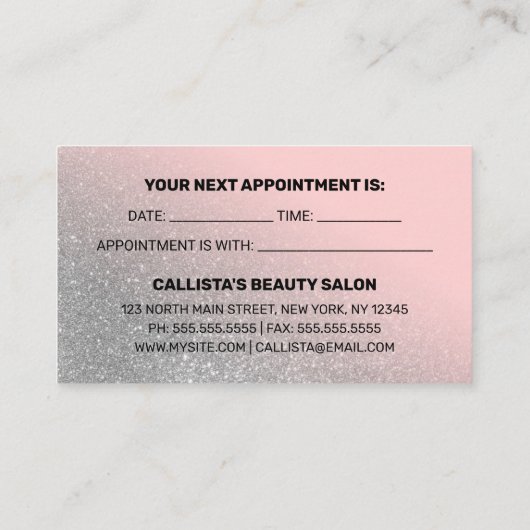 Blush Pink Silver Glitter Gradient Typografie Afsprakenkaartje (Achterkant)
