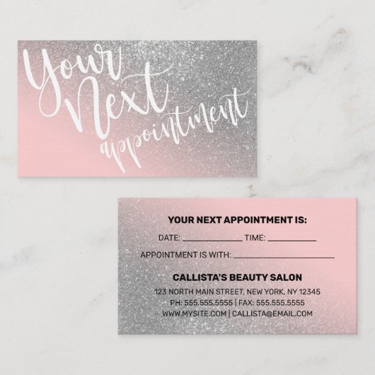 Blush Pink Silver Glitter Gradient Typografie Afsprakenkaartje (Voorkant / Achterkant)