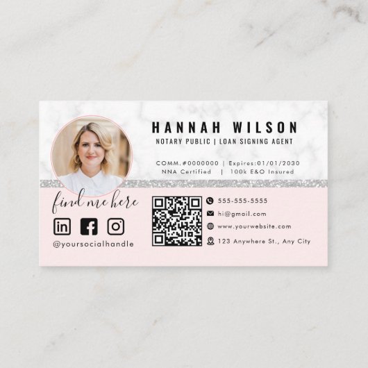 Blush Pink Silver Glitter Marmer Mobiele Notaris Visitekaartje (Achterkant)