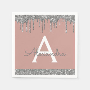 Blush Pink Silver Glitter Monogram Verjaardag Servet
