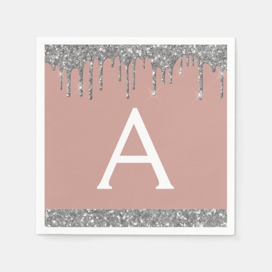 Blush Pink Silver Glitter Monogram Verjaardag Servet (Voorkant)