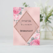 Blush pink silver glitter peony floral  Bridesmaid Kaart (Staand voorkant)