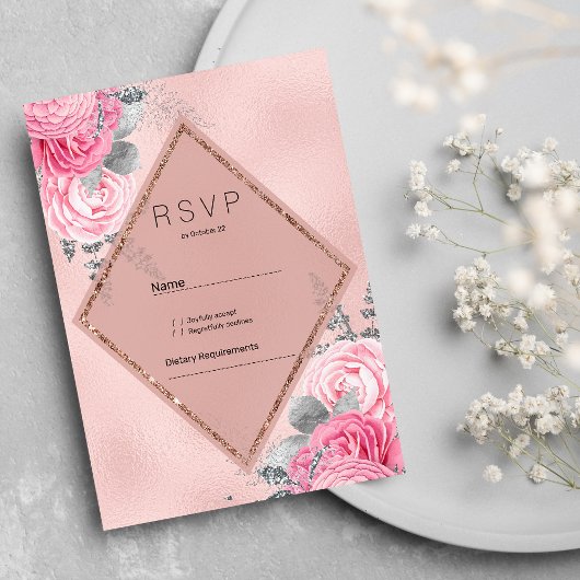 Blush pink silver glitter peony floral RSVP  Kaart