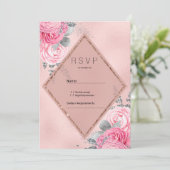 Blush pink silver glitter peony floral RSVP  Kaart (Staand voorkant)