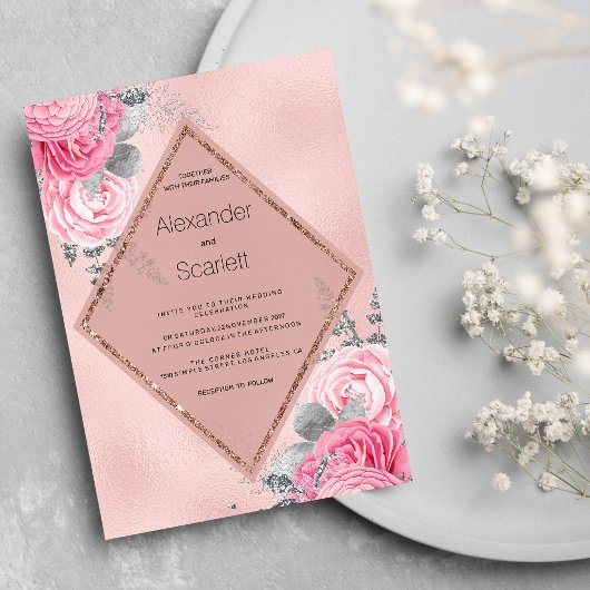 Blush pink silver glitter peony floral Wedding  Kaart