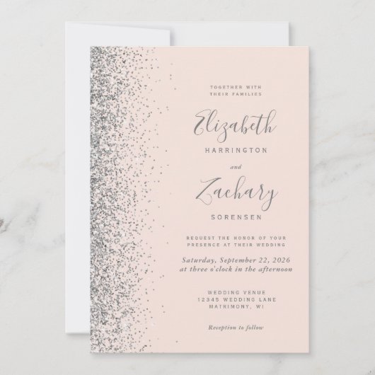 Blush Pink Silver Glitter Photo QR Code Wedding Kaart (Voorkant)