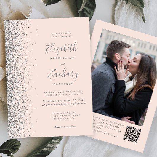 Blush Pink Silver Glitter Photo QR Code Wedding Kaart