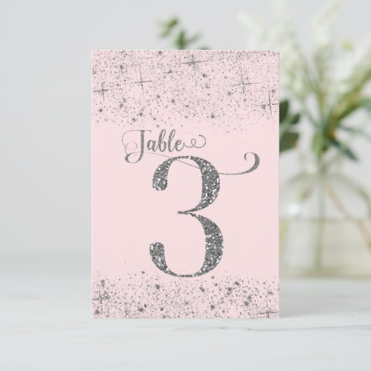 Blush Pink Silver Glitter Table Numbers Number 3 Kaart (Staand voorkant)