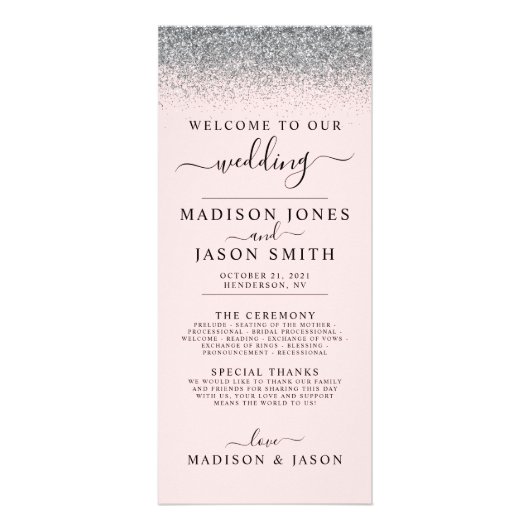 Blush Pink & Silver Glitter Wedding Program Reclamekaart (Voorkant)