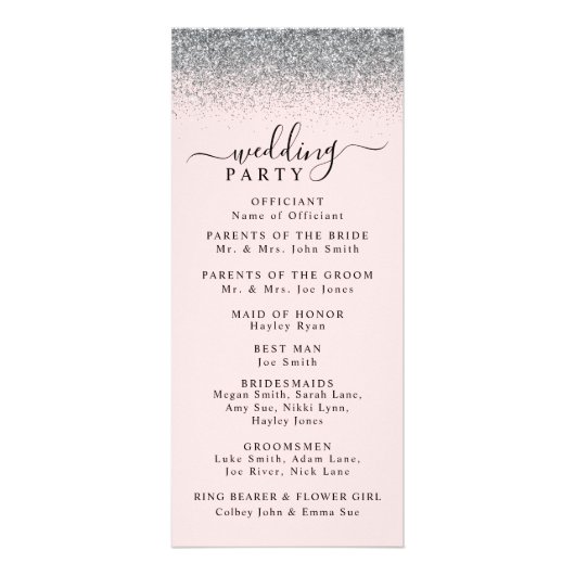 Blush Pink & Silver Glitter Wedding Program Reclamekaart (Achterkant)