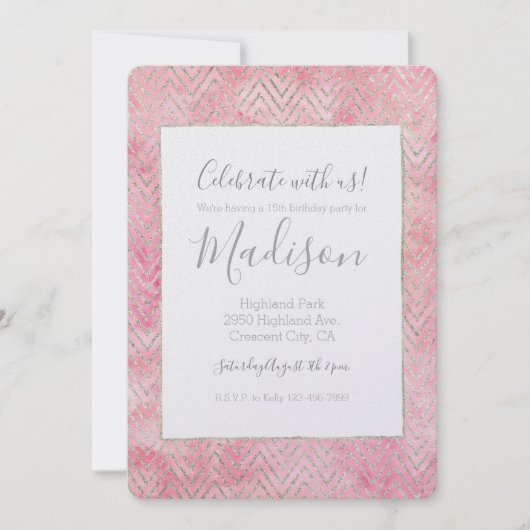 Blush Pink Silver Glitz Chevron Verjaardag Kaart (Voorkant)