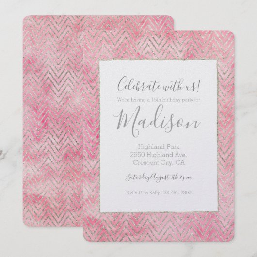 Blush Pink Silver Glitz Chevron Verjaardag Kaart (Voorkant / Achterkant)