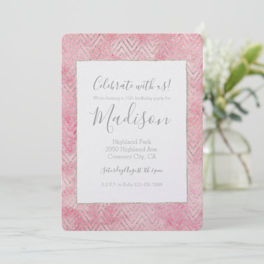 Blush Pink Silver Glitz Chevron Verjaardag Kaart (Staand voorkant)