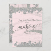 Blush Pink Silver & Grey Sparkle Stippen Make-up E Aankondigingskaart (Voorkant / Achterkant)