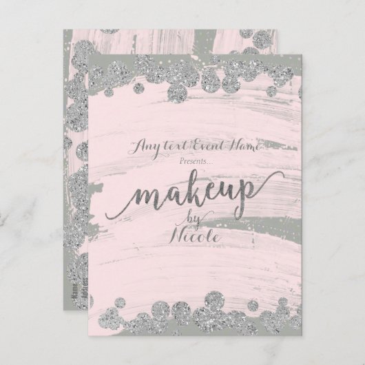 Blush Pink Silver & Grey Sparkle Stippen Make-up E Aankondigingskaart (Voorkant / Achterkant)