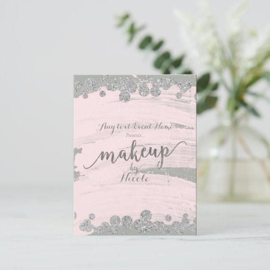 Blush Pink Silver & Grey Sparkle Stippen Make-up E Aankondigingskaart (Staand voorkant)