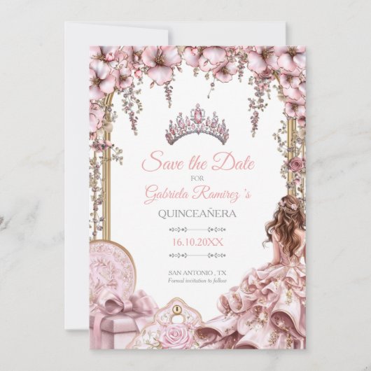 Blush Pink Silver Tiara Floral Quinceañera Save The Date (Voorkant)