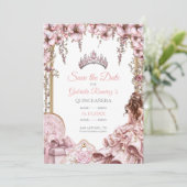 Blush Pink Silver Tiara Floral Quinceañera Save The Date (Staand voorkant)