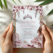 Blush Pink Silver Tiara Floral Quinceañera Save The Date