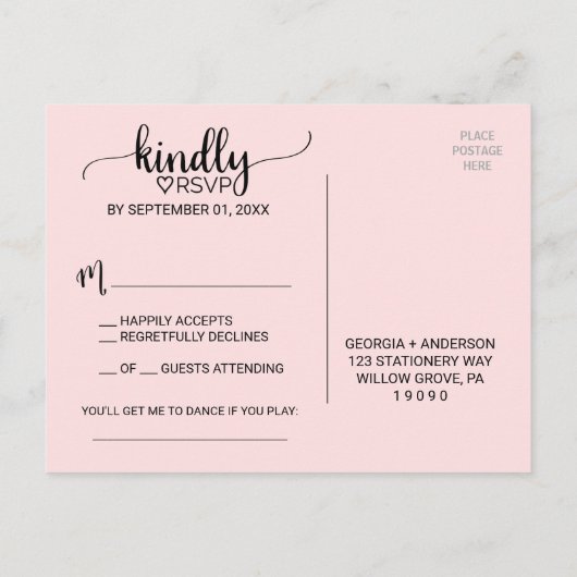 Blush Pink Simple Calligraphy Song Request RSVP Uitnodiging Briefkaart (Achterkant)