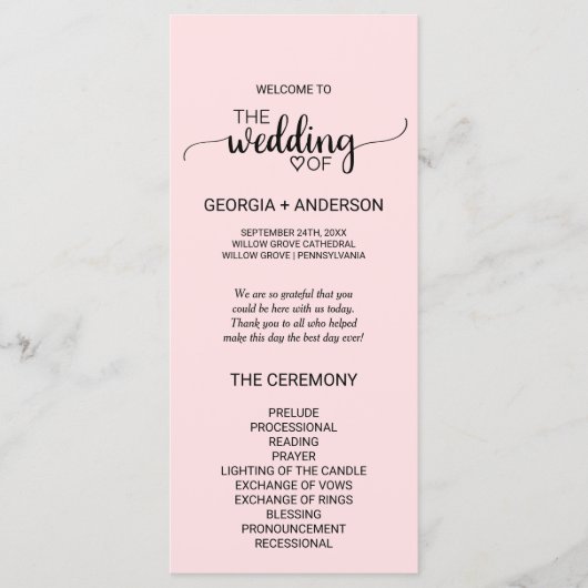 Blush Pink Simple Calligraphy Wedding Program Programmakaart (Voorkant)