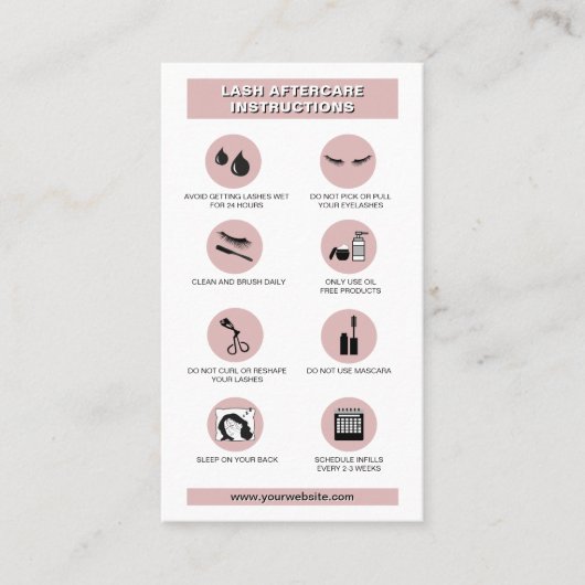 Blush Pink Simple Lash Aftercare Guide Logo Custom Visitekaartje (Voorkant)