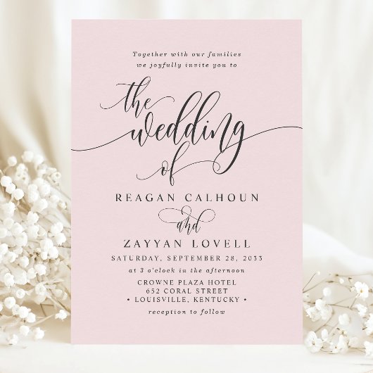 Blush Pink Simple Modern Script Wedding Kaart
