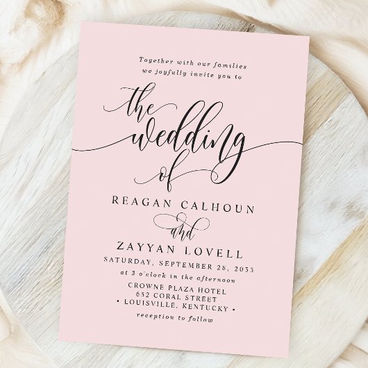 Blush Pink Simple Modern Script Wedding Kaart