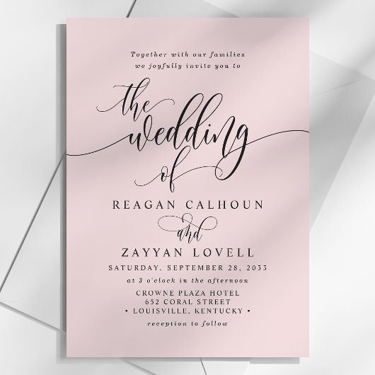 Blush Pink Simple Modern Script Wedding Kaart