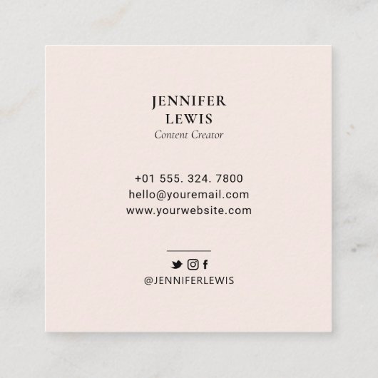 Blush Pink Simple Moderne Photo Social Media Vierkante Visitekaartje (Achterkant)