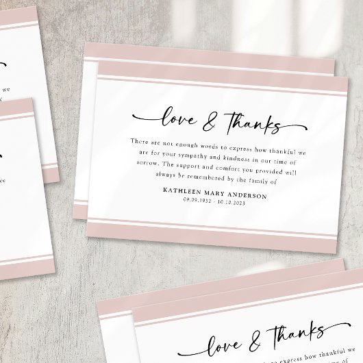 Blush Pink Simple Script begrafenis Bedankkaart