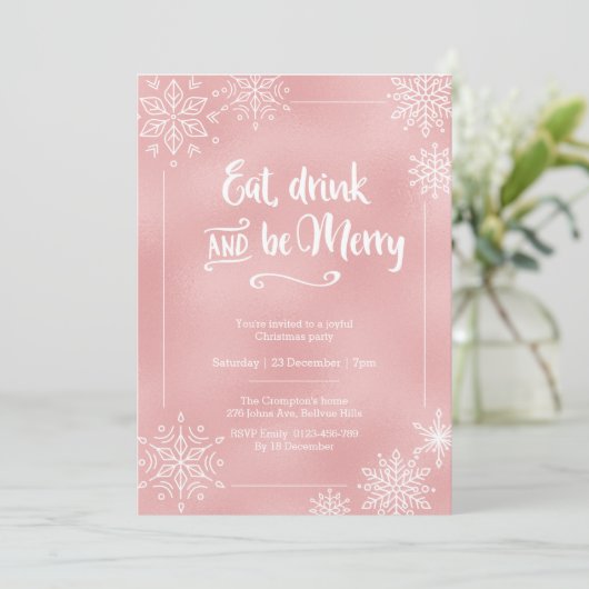 Blush Pink sneeuwflake kerstfeest Uitnodiging (Staand voorkant)